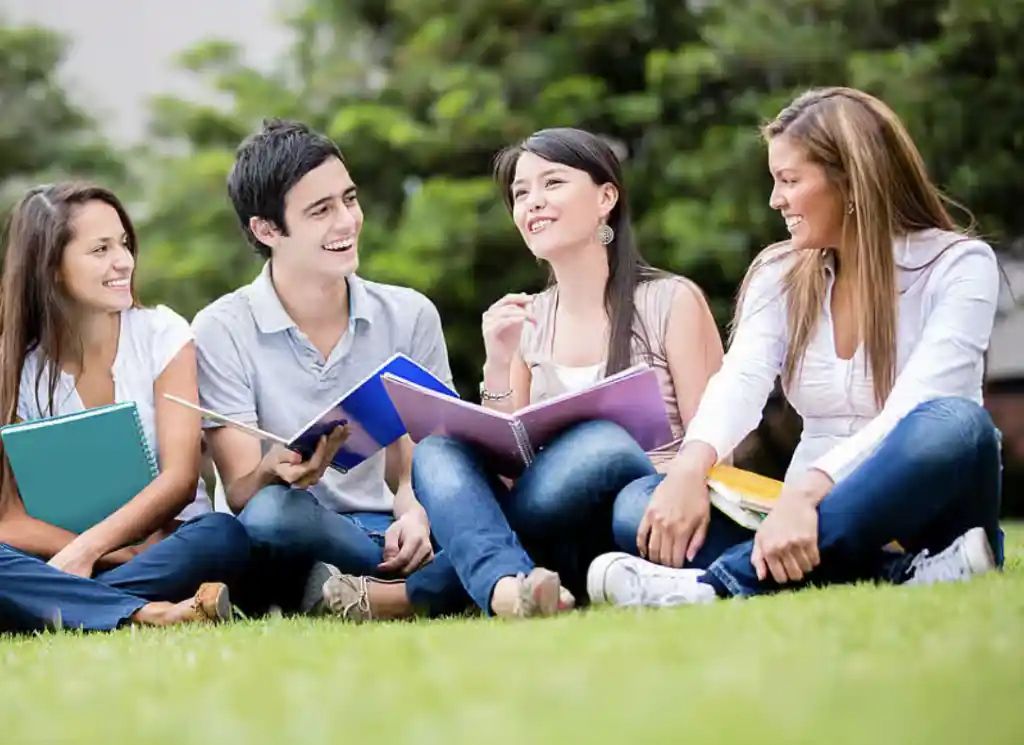 group of friends sitting on the grass having a conversation